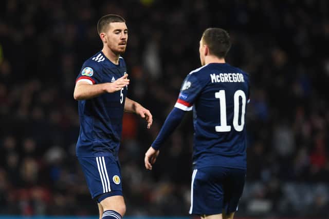 Scotland's Declan Gallagher (L) with Callum McGregor during the UEFA European qualifier between Scotland and Kazakhstan.
