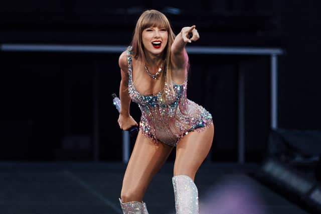 American singer and songwriter Taylor Swift performs on stage as part of her Eras Tour.