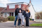 Harry and Anna with their daughters Marley & Lexiie outside the '1960s Bungalow', Milngavie.