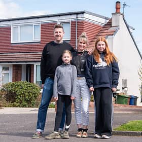 Harry and Anna with their daughters Marley & Lexiie outside the '1960s Bungalow', Milngavie.