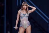 American singer and songwriter Taylor Swift performs on stage as part of her Eras Tour.