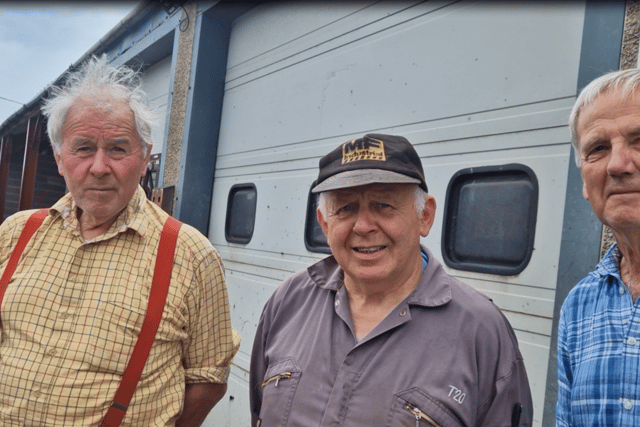 From left to right farmer Ramsay Donnan, agriculture engineer Bob Downie and retired farmer Jim Rankin