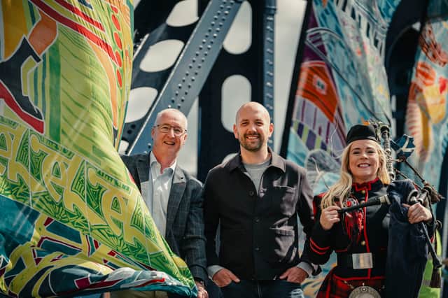 Forth Ports CEO Stuart Wallace (left), 
Edinburgh Northern and Leith MSP Ben Macpherson and piper Louise Marshall at the opening of the Victoria swing Bridge in Leith earlier this year. Picture: Jamie Simpson/Forth Ports.