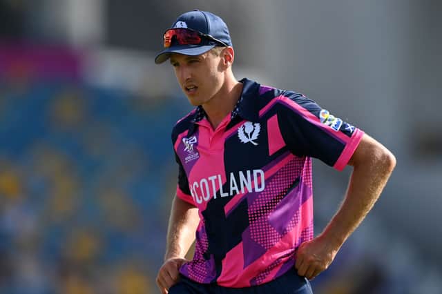 Brad Wheal of Scotland bowls during the ICC Men's T20 Cricket World Cup match between Namibia and Scotland at Kensington Oval on June 6.