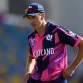 Brad Wheal of Scotland bowls during the ICC Men's T20 Cricket World Cup match between Namibia  and Scotland at  Kensington Oval on June 6.