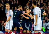 Scotland celebrate their first goal in the 3-2 defeat to Germany in 2015. Cr. SNS Group.