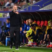 Steve Clarke gestures from the sidelines during the match against Switzerland.