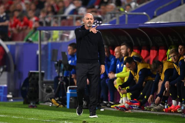 Steve Clarke gestures from the sidelines during the match against Switzerland.