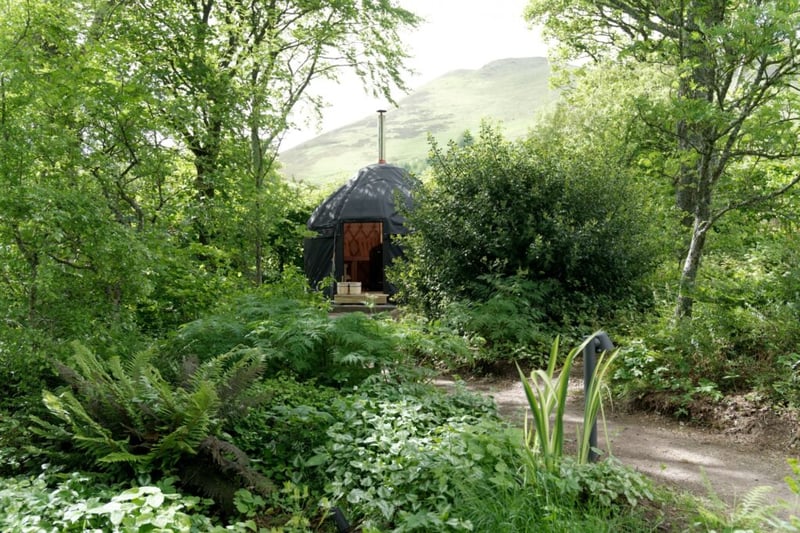 The woodland garden includes a Finnish-inspired steam sauna yurt.