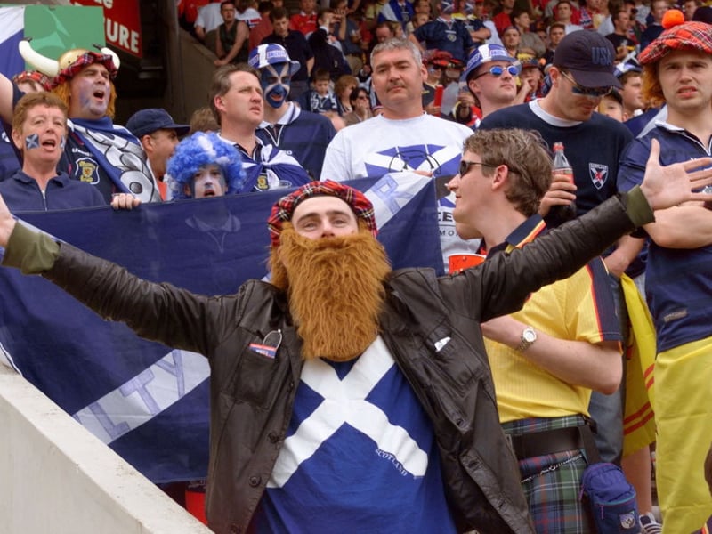 A Scottish supporter waves the Parc Lescure in Bordeaux before the 1998 World Cup game against Norway.
