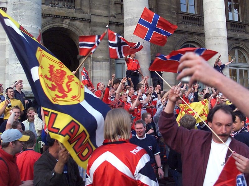 Happy Scottish supporters gather in the centre of Bordeaux.
