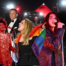 Dua Lipa [right], a headliner at this year's Glastonbury Festival, is considered the favourite to sing the next James Bond theme, potentially following in the footsteps of previous Glastonbury Festival headliners Shirley Bassey and Adele (Credit: Getty Images)
