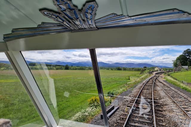 The observation car's Art Deco styling above its end windows with their view of the Cairngorms as it approached Broomhill station on June 20. (Photo by The Scotsman)