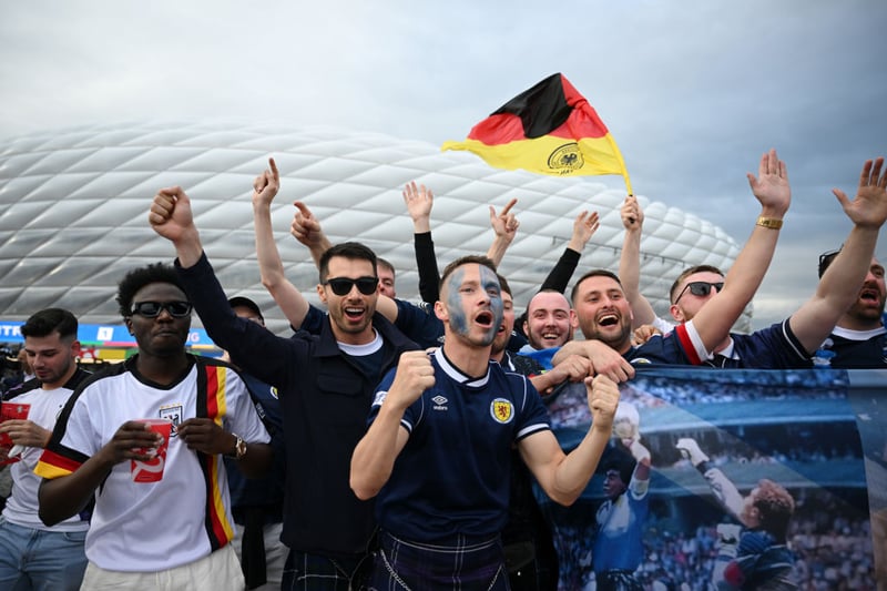Scotland and Germany fans gather outside of the Allianz Arena before the opening game of Euro 2024