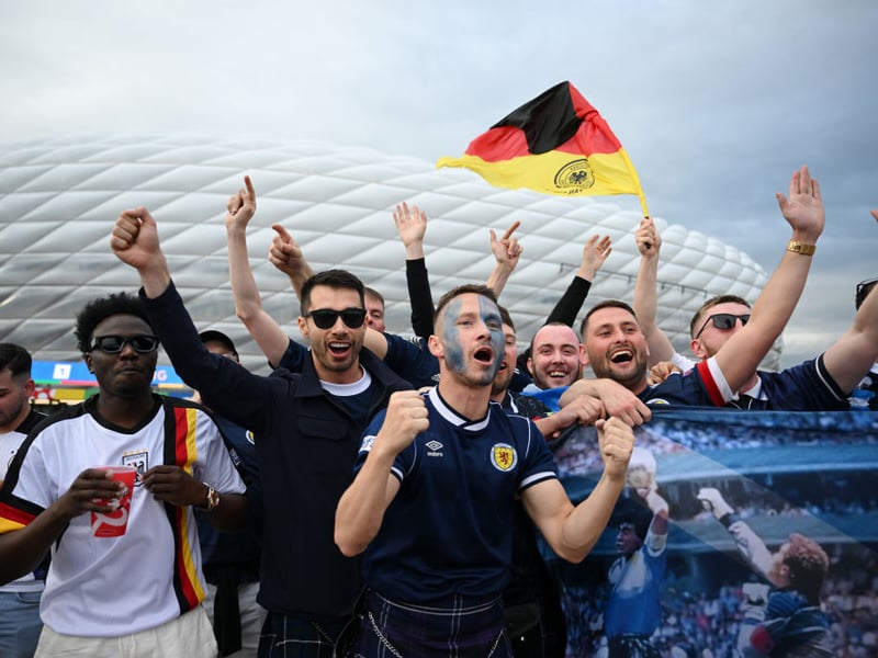Scotland and Germany fans gather outside of the Allianz Arena before the opening game of Euro 2024