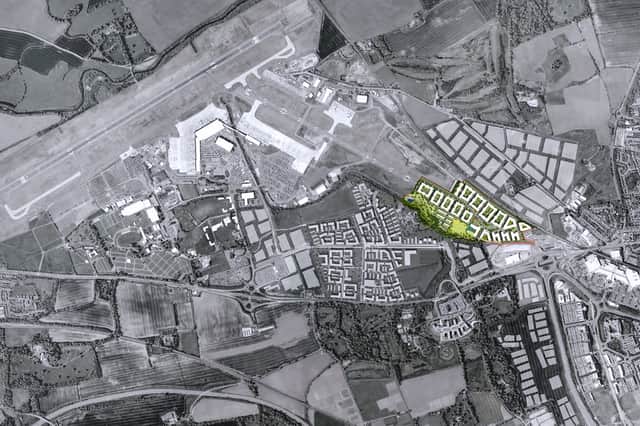 The Edinburgh Elements scheme is highlighted in yellow, with the separately-planned West Town development to its west and the West Craigs scheme to its north east. (Photo by Crosswind Developments)