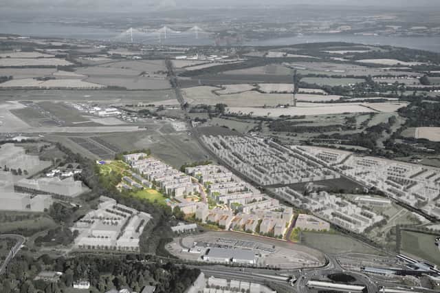 The Elements Edinburgh scheme is shown in colour, bordered by the Edinburgh Trams depot to the south, rail line to Forth Bridge to the east, Edinburgh Airport to the north and the tree-lined Gogar Burn to the west. (Photo by Crosswind Developments)