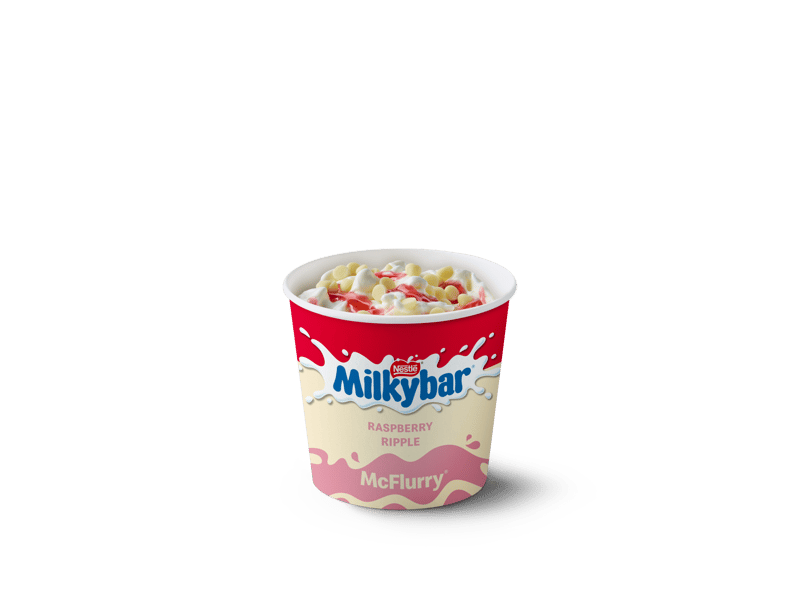 The second new flavour: soft dairy ice cream swirled with mini Milkybar chocolate drops and topped with a sweet & sharp raspberry sauce