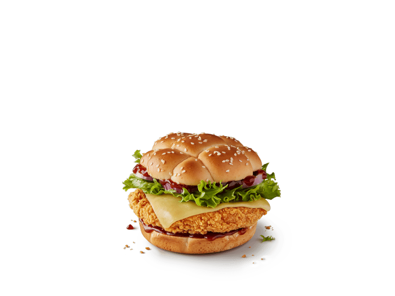 This burger is made up of 100% chicken breast fillet in a crispy, crunchy coating with a smoky BBQ sauce, cheddar cheese, red onion, lettuce, all in a delicious sourdough style sesame topped bun.