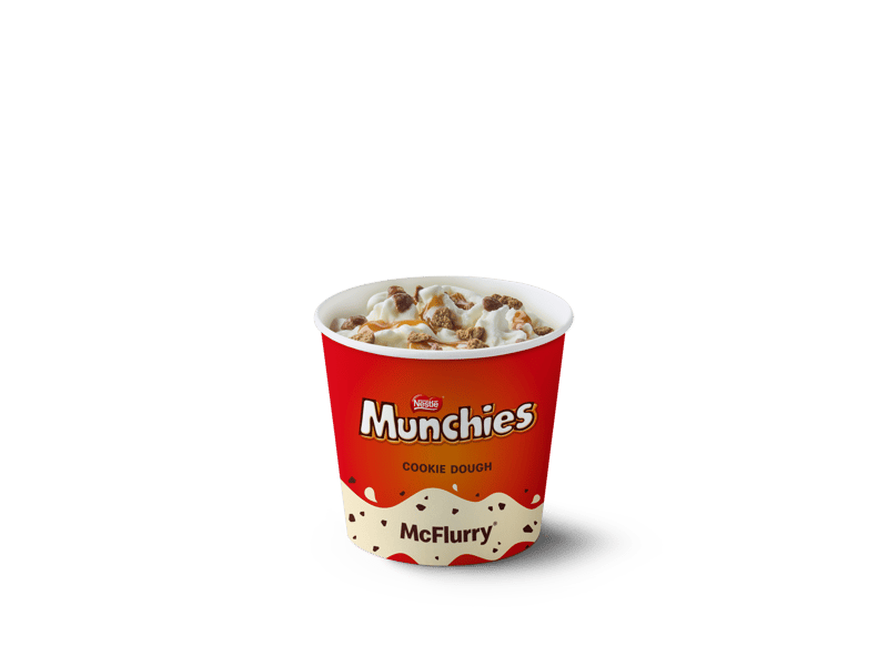 One of two new McFlurry flavours: soft dairy ice cream swirled with chocolate-coated Munchies biscuit pieces and topped with a caramel cookie dough sauce. 