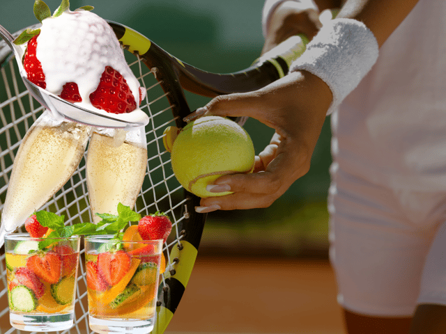 How many bottles of champagne are drunk annually at Wimbledon and how long does "Pimms o'clock" last throughout the two weeks of tennis fans at SW19? (Credit: Canva)
