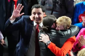 Scottish Labour leader Anas Sarwar celebrates with newly elected MP Maureen Burke (right) after she is declared the winner of the Glasgow North East constituency during the count for Glasgow Central and Glasgow South constituencies at the Emirates Arena.