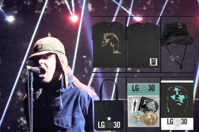 Some of the options that could be available at TRNSMT 2024 regarding Liam Gallagher merchandise include two variants of the "LGDM30" t-shirts (Credit: Getty/Liam Gallagher Store)