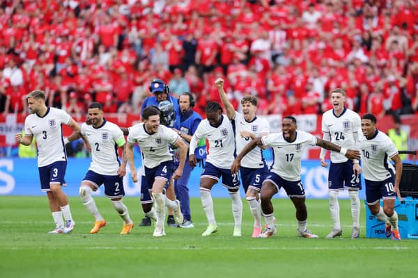 England celebrate after Trent Alexander-Arnold scores the team's fifth and winning penalty against Switzerland. Cr: Getty Images.