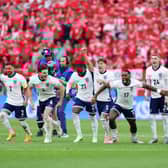 England celebrate after Trent Alexander-Arnold scores the team's fifth and winning penalty against Switzerland. Cr: Getty Images.