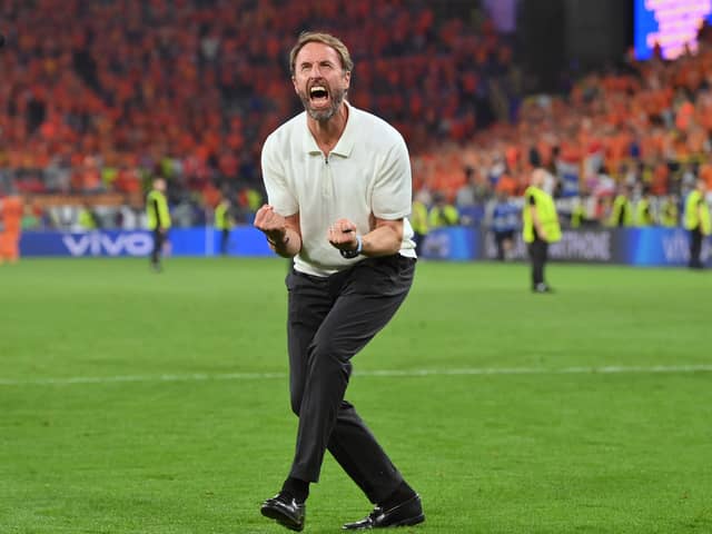 England head coach Gareth Southgate celebrates victory over the Netherlands in the Euro 2024 semi-final (Picture: Stu Forster/Getty Images)