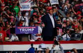 Former US President Donald Trump speaks at a rally at Butler Farm Show in Pennsylvania shortly before he was shot and wounded (Picture: Jeff Swensen/Getty Images)