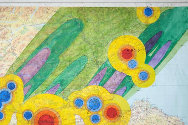 OS map of central Scotland marked to how potential impact of nuclear attack, c.1980s. Image © National Museums Scotland