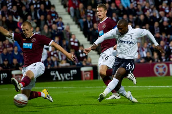 Jermain Defoe blasts a shot on goal at Tynecastle during Tottenham Hotspur's 5-0 win over Hearts in 2011. Cr. SNS Group.