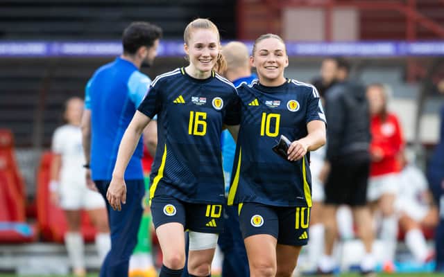 Scotland Women edged closed to Euro 2025 with a vital win over Serbia in Glasgow on Tuesday. Cr: SNS Group.