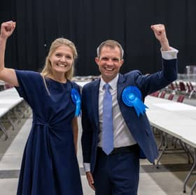 Scottish Conservatives Harriet Cross and Andrew Bowie celebrate after winning their seats in the general election, but the party's vote share was halved (Picture: Michal Wachucik/PA)