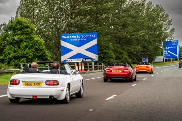 The Mazda fleet crosses the Scotland-England border. Credit: David Smith