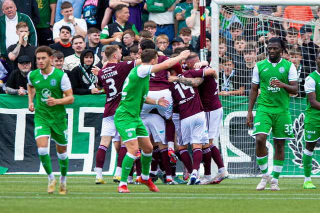 Kelty Hearts celebrate their goal against Hibs.