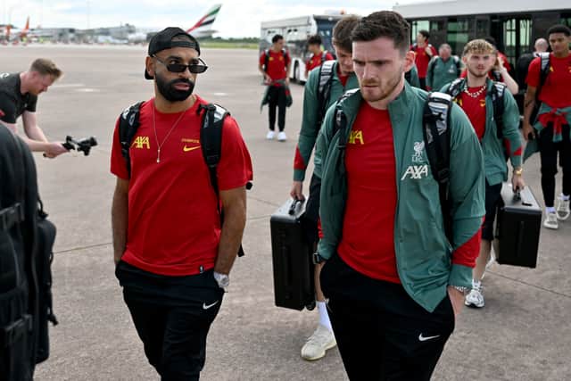 Mohamed Salah and Andy Robertson of Liverpool departing for USA pre-season tour at Manchester Airport on July 23, 2024 in Manchester, England. (Photo by Andrew Powell/Liverpool FC via Getty Images)