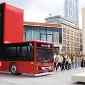 A folded London bus is unveiled at Bishops Square to celebrate the launch of Samsung's Galaxy Z series.
