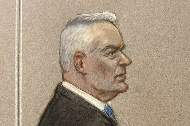 Artist's impression of Huw Edwards at Westminster Magistrates' Court. Picture: Julia Quenzler/SWNS