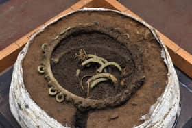 The hoard of Bronze Age jewellery that was lifted from a shallow pit in Rosemarkie in the Black Isle. PIC: GUARD Archaeology.