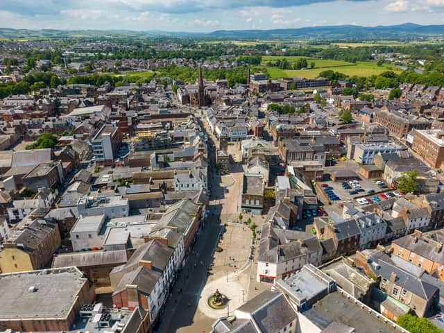 Centre of Dumfries by drone - homes in Dumfries and Galloway recorded the biggest jump in price across the country