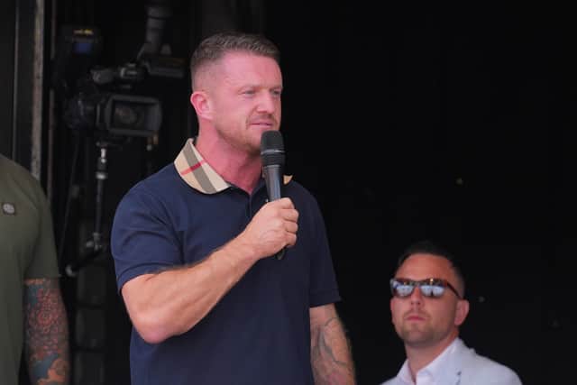 Tommy Robinson addresses the crowd gathered at Trafalgar Square in central London during a protest he organised. Picture: PA