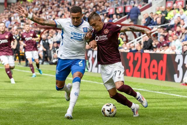 Hearts' Kenneth Vargas tries to get the better of James Tavernier during the 0-0 draw with Rangers