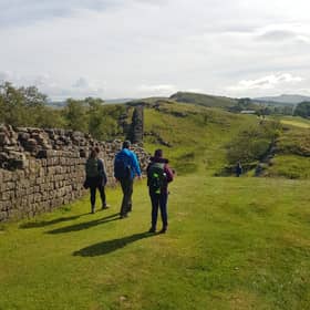 Women Walking Hadrian's Wall in the North of England on a guided trek