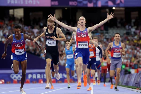 Josh Kerr takes second place behind gold medalist Cole Hocker in the men's 1500m final at the Stade de France.
