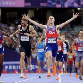 Josh Kerr takes second place behind gold medalist Cole Hocker in the men's 1500m final at the Stade de France.