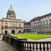 The lush green view at the Old College at University of Edinburgh
