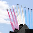 The Royal Airforce Red Arrows fly past over St Giles' Cathedral in Edinburgh. Picture: Scott Heppell - WPA Pool/Getty Images