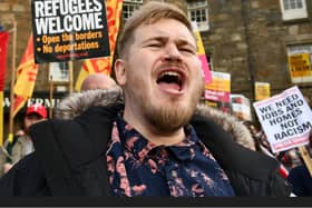 A protester makes his point known at the Stand Up to Racism rally in Paisley